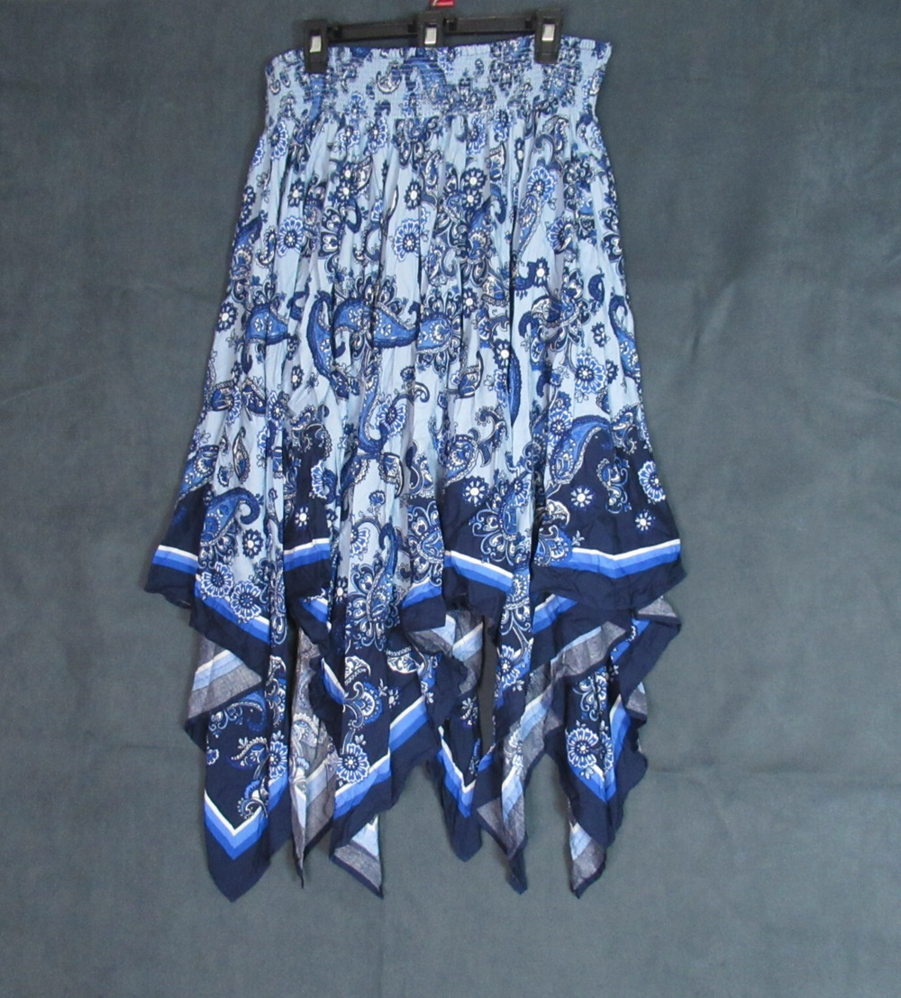 Denim 24/7 Skirt Size 26W Blue Paisley Midi Handkerchief Hem Whimsifairy Country